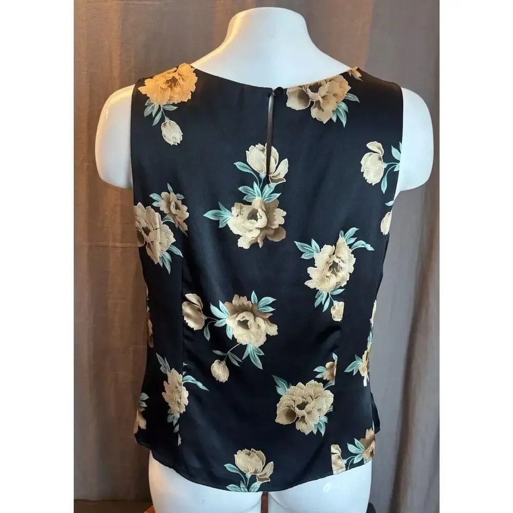 Kate Hill Silk Top Satin Black Tank Sleeveless Size 8 Floral Roses